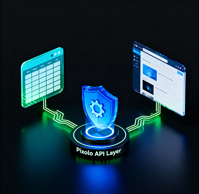 A branded illustration of data flowing from a spreadsheet to a website.